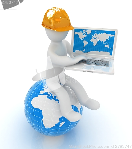 Image of 3d man in a hard hat sitting on earth and working at his laptop 