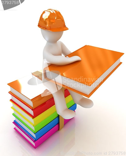 Image of 3d man in a hard hat with book sits on the colorful books 