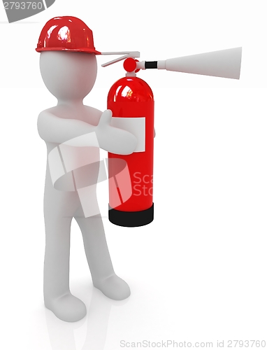 Image of 3d man in hardhat with red fire extinguisher 