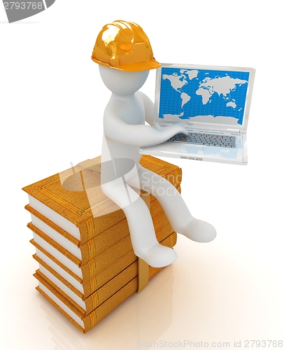 Image of 3d man in hard hat sitting on books and working at his laptop 