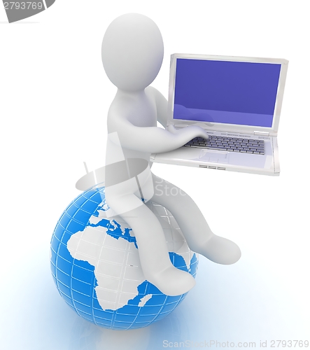 Image of 3d man sitting on earth and working at his laptop 