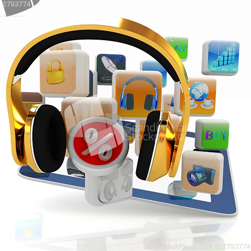 Image of Phone gold on tablet pc with cloud of media application Icons, a