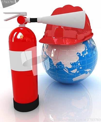 Image of Red fire extinguisher and hardhat on earth