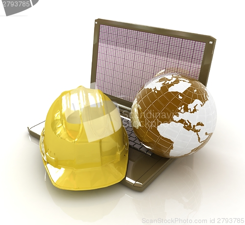 Image of Hard hat and earth on a laptop 