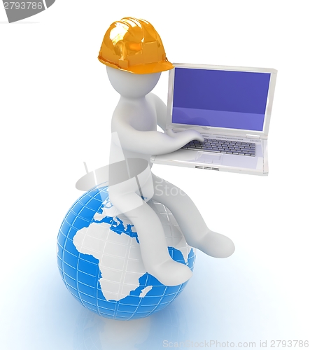 Image of 3d man in a hard hat sitting on earth and working at his laptop