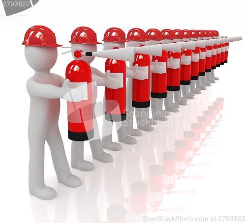 Image of 3d mans in hardhat with red fire extinguisher 