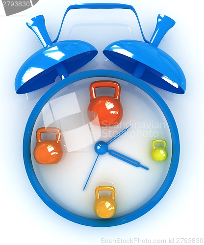 Image of Alarm clock icon with kettlebells. Sport concept 
