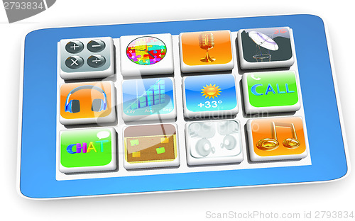 Image of Touchscreen Smart Phone with Cloud of Media Application Icons 