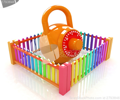 Image of Protection concept.Lock closed colorfull fence 