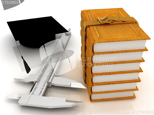 Image of Vernier caliper, books and graduation hat. The best professional