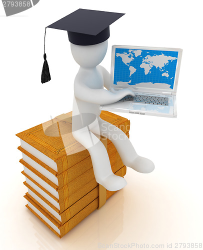 Image of 3d man in graduation hat sitting on books and working at his lap