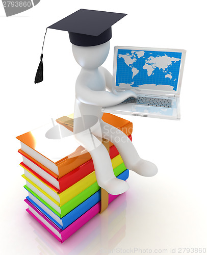 Image of 3d man in graduation hat with laptop sits on a colorful glossy b