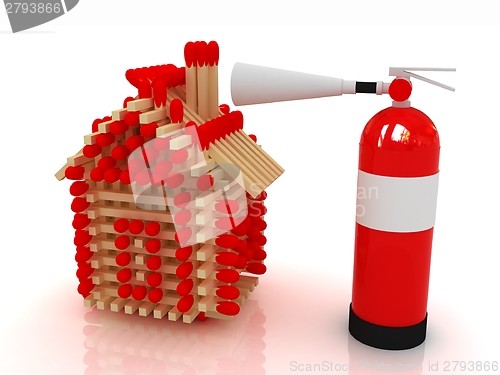 Image of Red fire extinguisher and log house from matches pattern