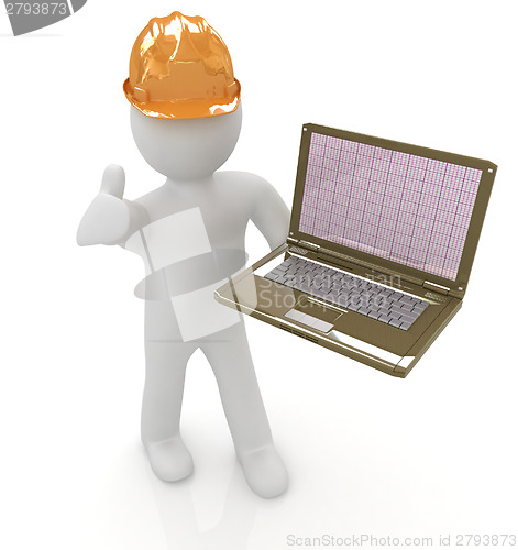 Image of 3D small people - an engineer with the laptop 