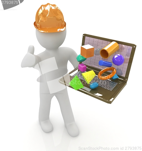 Image of 3D small people - an engineer with the laptop presents 3D capabi