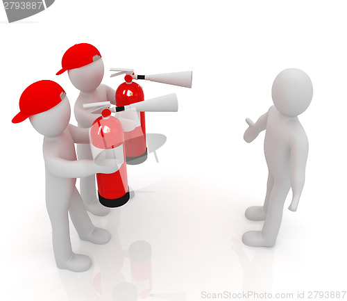 Image of 3d mans with red fire extinguisher. The concept of confrontation