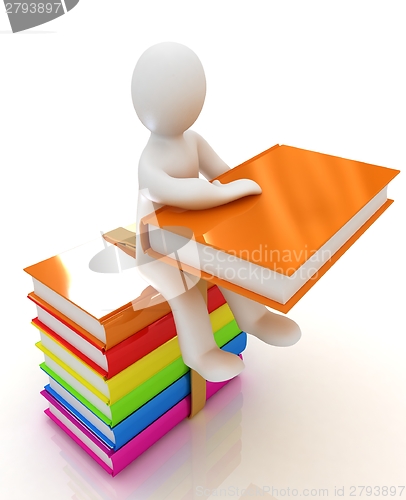 Image of 3d man sitting on books and keeps at his book 