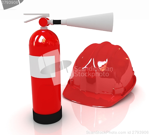 Image of Red fire extinguisher and hardhat 