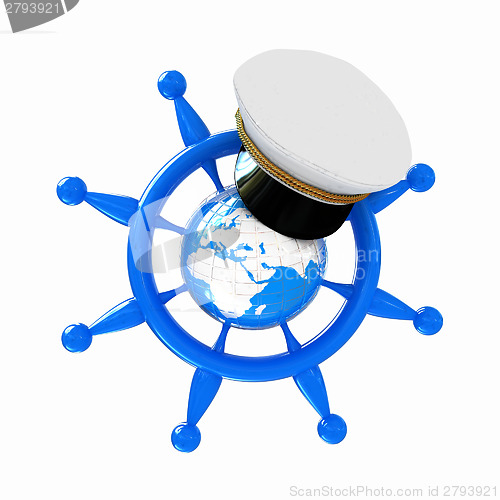 Image of Steering wheel with Earth, and marine cap . Trip around the worl