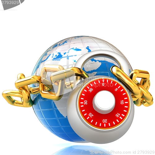 Image of Earth globe close in chain and padlock 