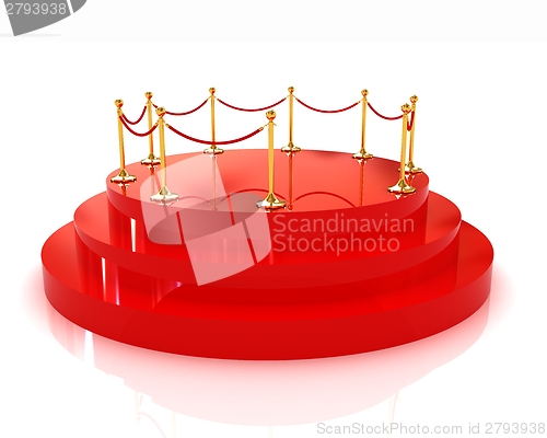 Image of 3D glossy podium with gold handrail 