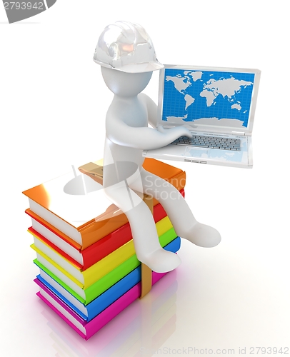 Image of 3d man in hard hat sitting on books and working at his laptop 