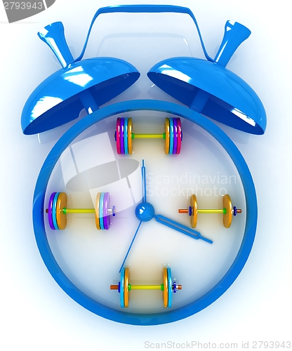 Image of Alarm clock icon with dumbbells. Sport concept 