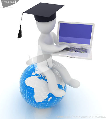 Image of 3d man in graduation hat sitting on earth and working at his lap