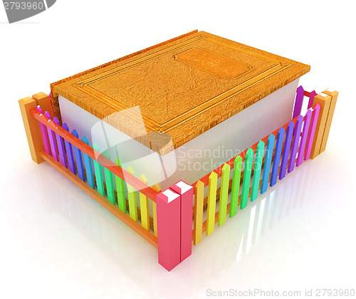 Image of Thick leather book in closed colorfull fence. Concept informatio