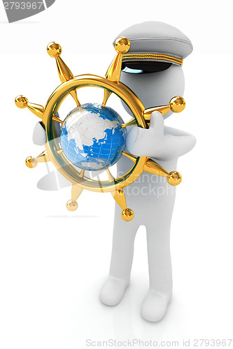 Image of Sailor with gold steering wheel and earth. Trip around the world