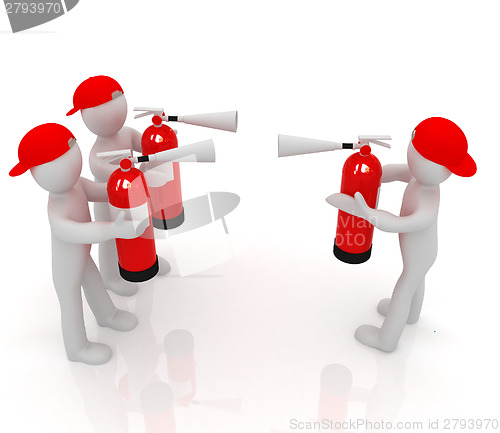 Image of 3d mans with red fire extinguisher. The concept of confrontation