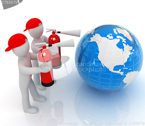 Image of 3d mans with red fire extinguisher extinguish earth 