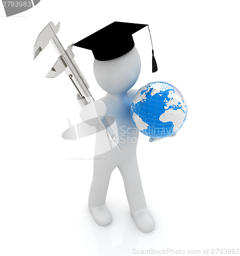 Image of 3d man in graduation hat with Earth and vernier caliper 