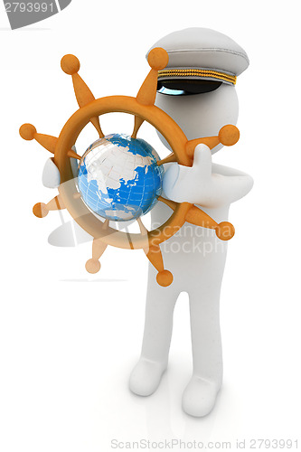 Image of Sailor with wood steering wheel and earth. Trip around the world