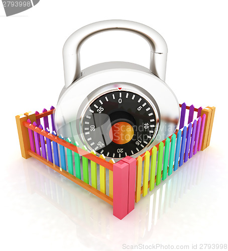 Image of Protection concept.Lock closed colorfull fence 