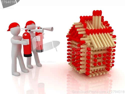 Image of 3d man with red fire extinguisher and log houses from matches pa