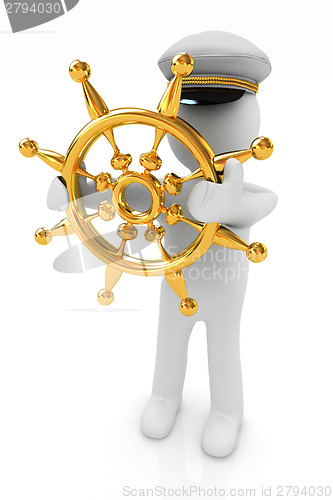 Image of Sailor with gold steering wheel and earth. Trip around the world