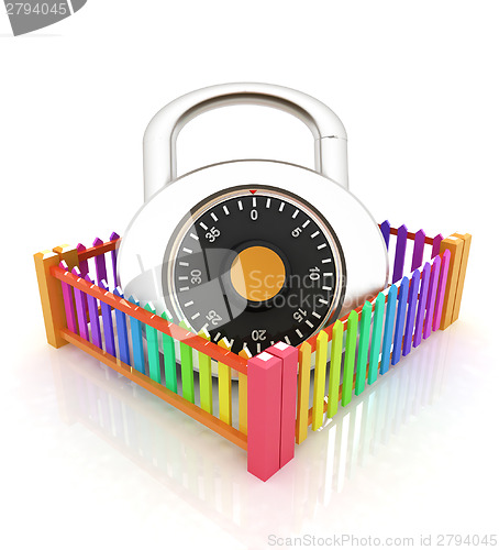 Image of Protection concept.Lock closed colorfull fence 