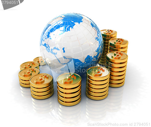 Image of Gold dollar coin stack around the Earth