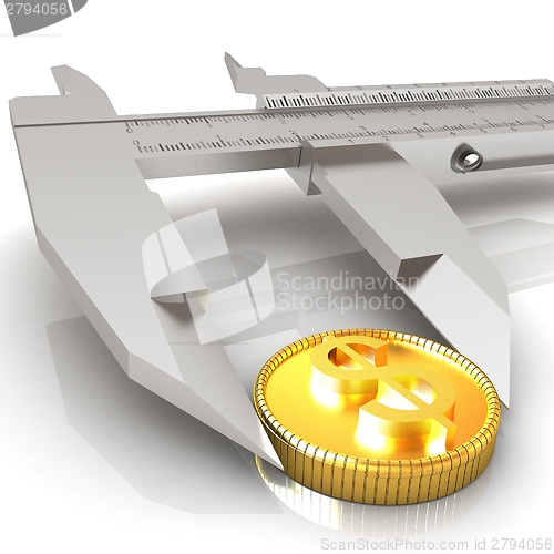 Image of Vernier calipers with coin