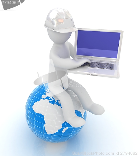 Image of 3d man in a hard hat sitting on earth and working at his laptop