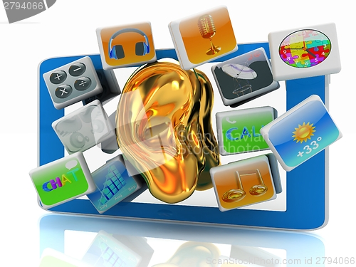 Image of Ear gold on tablet pc with cloud of media application Icons 