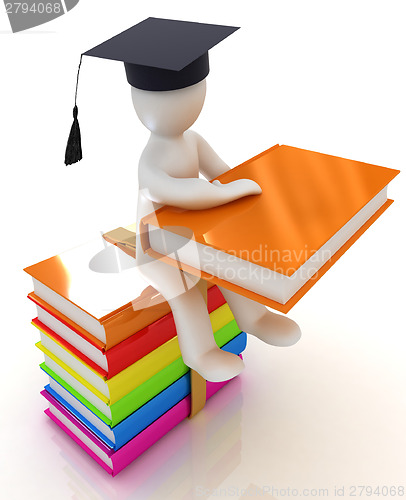Image of 3d man in graduation hat with useful books sits on a colorful gl