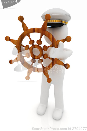 Image of Sailor with wood steering wheel and earth. Trip around the world