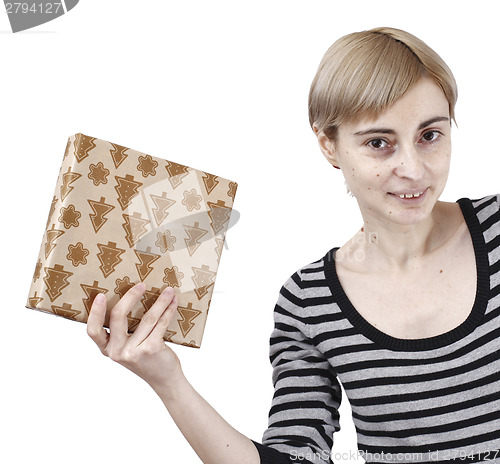 Image of Young woman holding a present