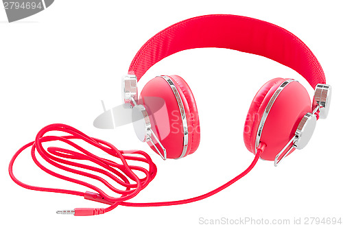 Image of Vibrant red wired headphones isolated