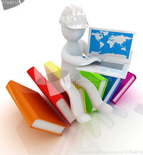 Image of 3d man in hard hat sitting on books and working at his laptop 