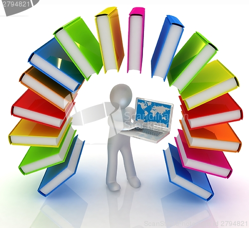 Image of Colorful books like the rainbow and 3d man with laptop 