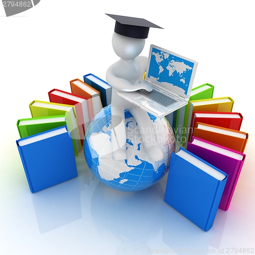 Image of 3d man in graduation hat sitting on earth and working at his lap