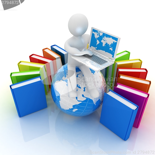 Image of 3d man sitting on earth and working at his laptop and books arou